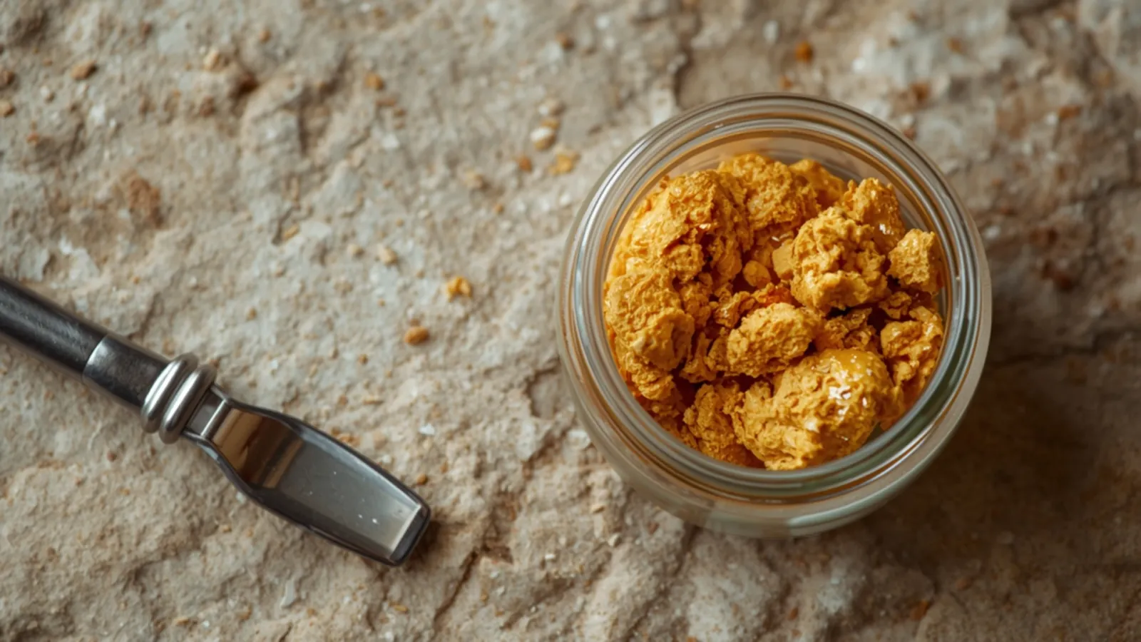 Cannabis concentrate in a glass jar with a steel dab tool