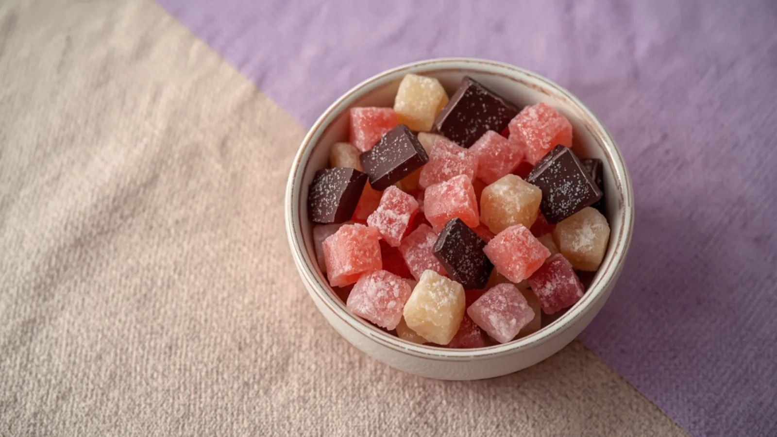 Cannabis gummies and chocolate pieces in a ceramic dish
