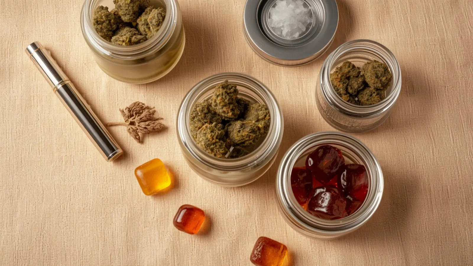 Jars of cannabis flower, a vape pen and gummies on a linen cloth