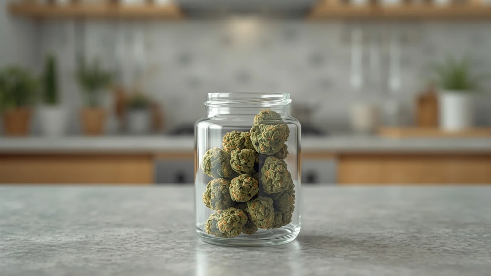 Cannabis flower buds in an open glass jar