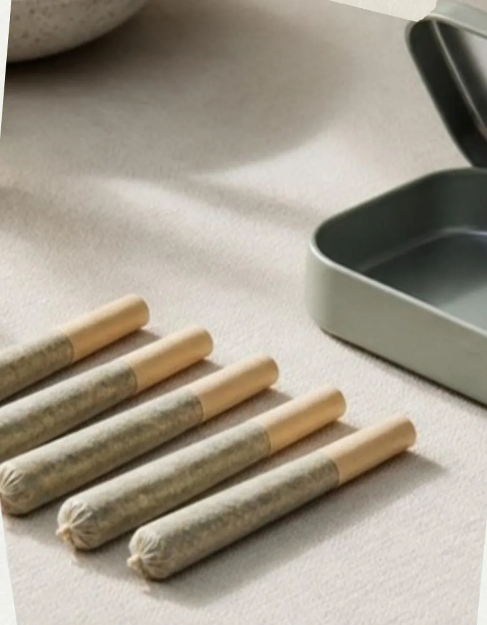 A row of cannabis pre-rolls next to an open metal tin
