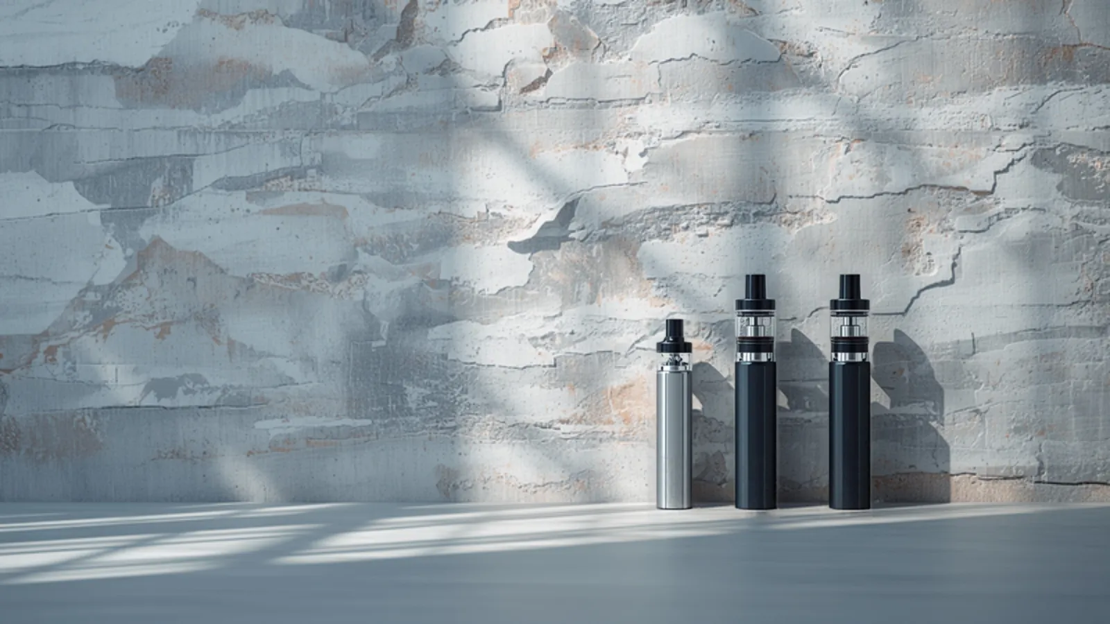 Three cannabis vape devices against a light stone wall